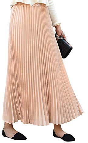 Damen Mädchen Plisseerock in Maxilänge Plissee-Maxirock Elastische Chiffon Langer Faltenrock Elastischer Bund für Frühling Sommer Herbst - 90cm Einfarbig Beige