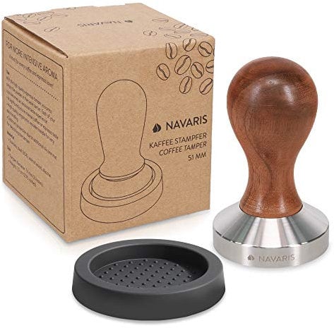 Navaris Espresso Tamper für Kaffee 51mm - Stempel Stampfer aus Edelstahl mit Holzgriff - inkl. Silikonmatte - Kaffeestampfer für Espressomaschine