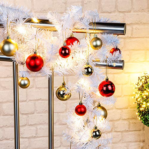 LED Weihnachtsgirlande mit Lichterkette - weiß / 5m - Kunsttanne Girlande inklusive 36 Christbaumkugeln - Garten Deko Beleuchtung warm weiß für Innen und Außen
