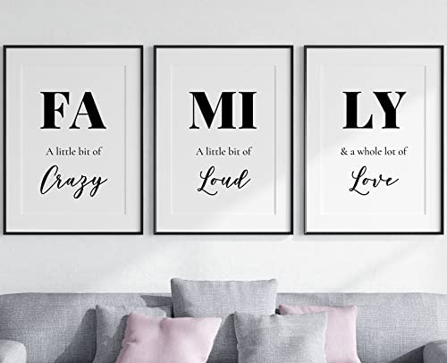 Family Quote Set of 3 Unframed Prints, Home Wall Art Decor, Family Art Poster, A Little Bit of Crazy, Loud, a Whole Lot of Love Quote (A4)