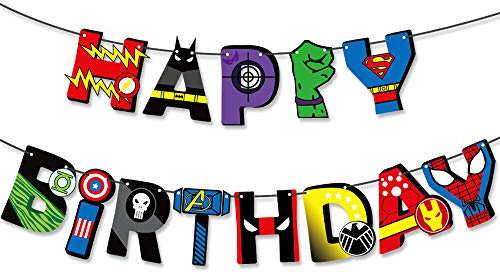 Happium - Pancartas de cumpleaños de superhéroes para niños, decoración de cumpleaños temática de la Liga de la Justicia, decoración de fiesta de superhéroes con cinta larga para niños, color rojo