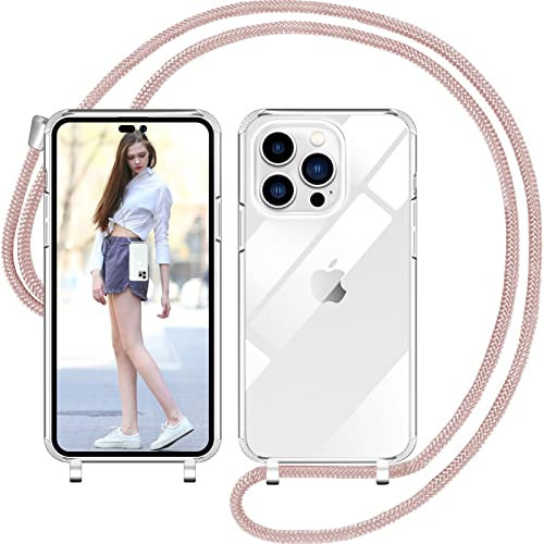 Nupcknn Funda Transparente con Cuerda para iPhone 14 Pro MAX, Carcasa Suave Silicona Case con Correa Colgante Ajustable Collar Correa de Cuello Cadena Cordón 1.5M(6.7,Oro Rosa)