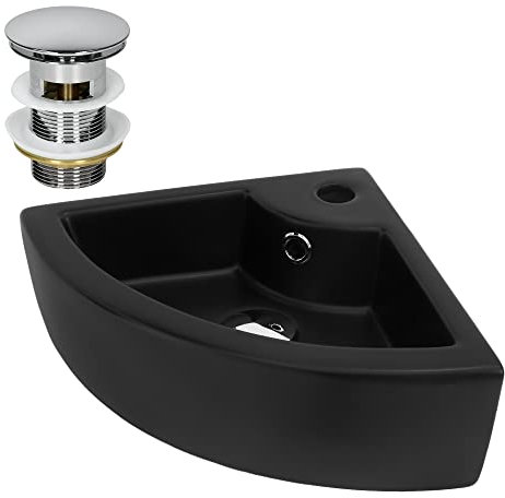 ML-Design Lavabo d'angle en Céramique Noir, 46x33x13 cm, Angulaire, avec Bouchon de Vidage Chrome en Laiton, Trop-Plein et Trou pour Robinet Inclus, Montage Mural ou à Poser, Vasque Lave-Mains Évier