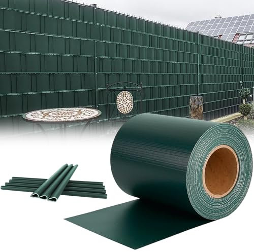 XMTECH PVC Sichtschutzfolie Sichtschutzstreifen Inkl. Befestigungsclips, Garten Sichtschutz Zaun Doppelstabmattenzaun, 450g/m² Blickdicht Sichtschutz Streifen - 65m x 19cm, Grün
