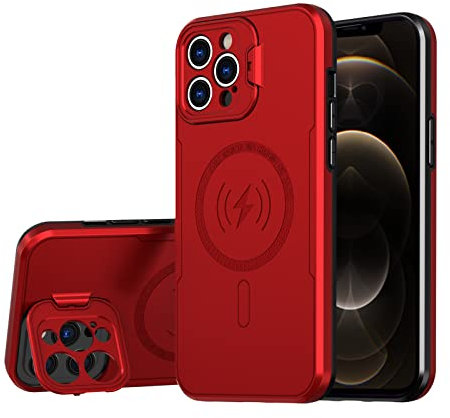 S. Dawezo Custodia magnetica per iPhone 13 Pro con Magsafe,custodia integrata con supporto per fotocamera,cover antiurto militare,robusta funzione stand cover per iPhone 13 Pro - rosso