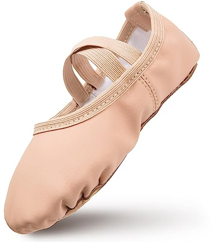 Ballet Shoes Girls Leather Ballet Dance Slippers Full Sole Dance Flats Thickened Cotton Lining Ballerina Shoes with Cross Elastic Straps for Toddlers Kids
