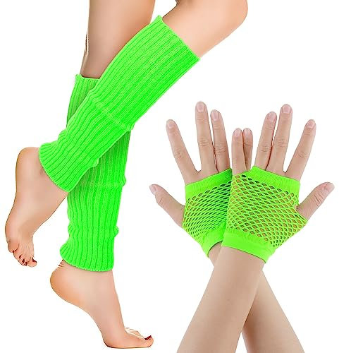 Yolev Neon Leg Warmers and Fishnet Gloves Set 80s Fancy Dress Costume Accessory Stretchy for Party Costume Accessories and Sports Yoga Supplies