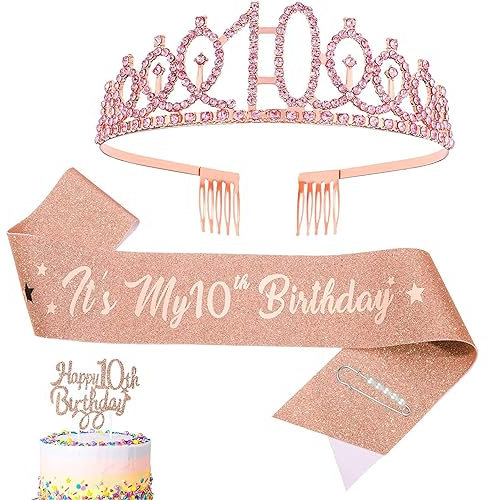 KALUROIL 10.Geburtstag Mädchen 10.Geburtstagsschärpe und Geburtstagskrone Krone Tiara It's My 10th Birthday Schärpe Geburtstag Cupcake Topper