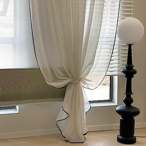 WAZZIO Tende in lino bohémien con filtro della luce, lunghezza 240 cm, 2 pannelli, con tasca per bastone, stile moderno, colore beige e nero, con bordo per privacy, tende semi velate in finto lino,