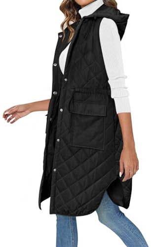 Wenrine Damen Weste Lang Ärmellose Winter Steppweste mit Kapuze und Taschen Casual, Schwarz, S