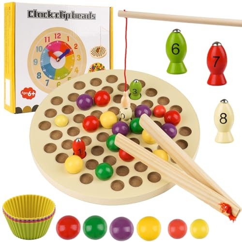 Tikplus Holz Montessori Sortierspiel, Clip Perlen Puzzle Brettspiele, Angelspiel und Sortier Stapelspielzeug ab 3 4 5 6 Jahre, Motorikspielzeug für Kinder Vorschule Geschenk, Mädchen,Junge