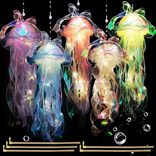 5 Stück Quallen Lampe Hängend,Quallen Laterne Leuchtend,Quallenlaterne Dekorationen,Tragbare Quallen Lampe für Dekorative Atmosphärenbeleuchtung Kindergeburtstagsdekorationen Glow Dekoration Zimmer