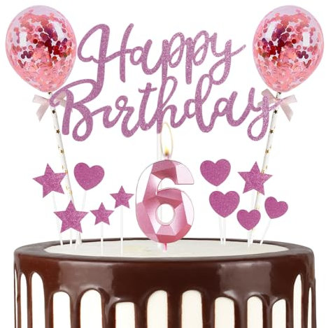 mciskin Pink 6th Birthday Decorations for Girl,3D Number 6 Candle for Cake,Pink Cake Toppers for Girl,Glitter Happy 6th Birthday Cake Toppers Balloons for Party Decorations Supplies