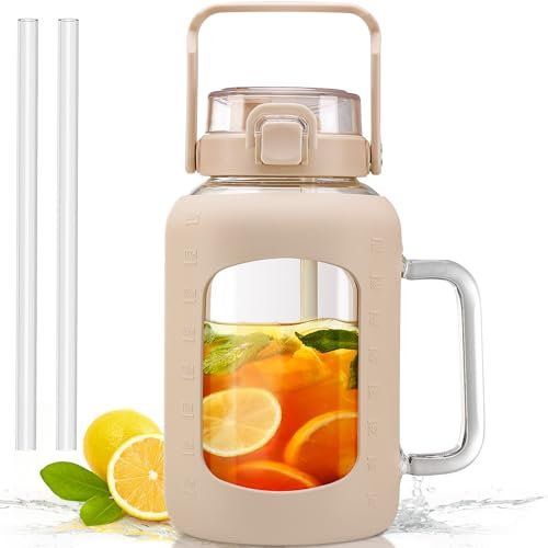 HYDRAGLAZIC 2 Liter Wasserflasche aus Glas mit Griff 2L Glasbecher mit Strohhalm und Deckel Motivationsreich Sport Wasserkrug mit Zeit und Volumenmarkierung Auslaufsicher, Amber