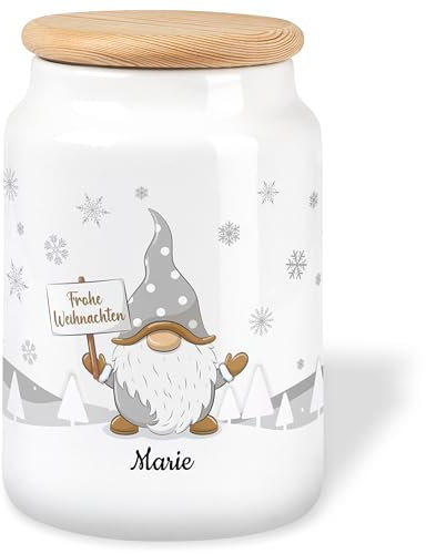 True Statements Geschenk zu Weihnachten: Personalisierte Keramikdose mit Holzdeckel und Wichtel-Motiv – 650ml Keksdose für Weihnachtsplätzchen Vorratsdose (Frohe Weihnachten, Gold)