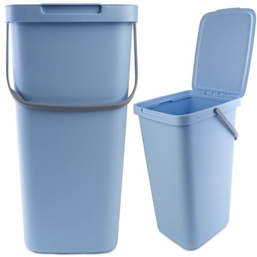 KADAX Abfallbehälter mit Deckel und Griff, Abfalleimer aus Plastik, Mülleimer für die Mülltrennung, Rechteckiger Abfallsammler mit Klappdeckel (Blau, 25L)