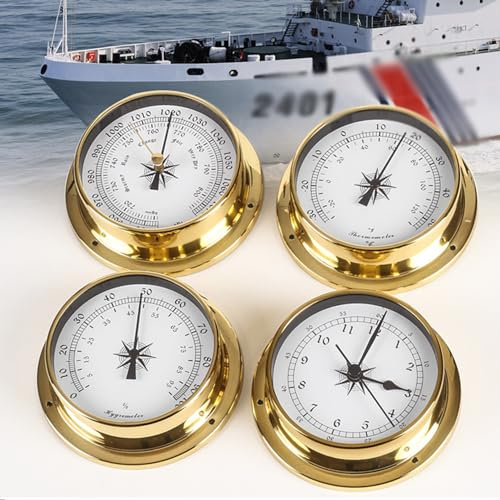 EdirFtra Set di 4 Pezzi di barometro in Ottone Marino, igrometro, Orologi, Montatura a Parete simulata in Acciaio Inossidabile Senza Pellicola, 115mm