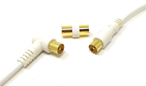 mCore 10m TV Aerial Coaxial Cable Male to Male, Satellite RF Antenna Coax RG59 Lead Gold Plated Connectors with Female Coupler (Right Angled, White)