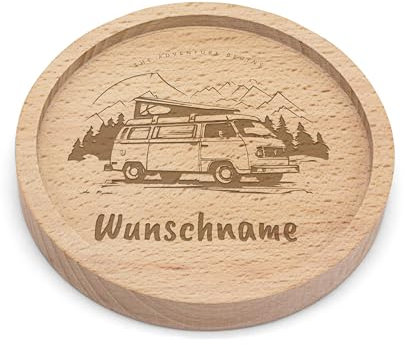 PrintPlanet® - Personalisierter Holz-Untersetzer mit Gravur - Untersetzer mit Namen personalisiert - Motiv: Camper