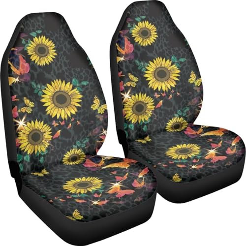 Poceacles Autositzbezüge, Sonnenblumen-Leopardenmuster, Schmetterling, nur für Vordersitze, Schalensitzbezüge für Autos, LKWs, Limousine, schmutzdicht, Schalenbezug, 2-teiliges Set