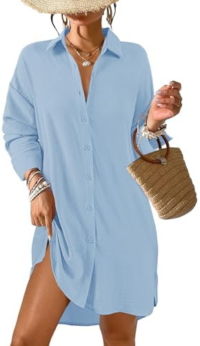Tanmolo Damen Strandkleid Bikini Cover Up Sommer Strandbluse Strandhemd V-Ausschnitt Strandponcho Bademode Strand Vertuschen Shirt (Hellblau,L)