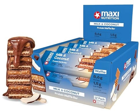 MaxiNutrition Milk & Coconut Protein Waffle Bar, 22% Eiweiß, 174 kcal, (12 Eiweißriegel x 40g), Ohne Zuckerzusatz