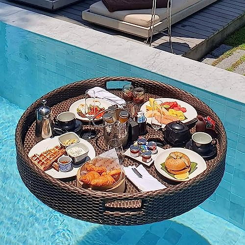 EsEntL Schwimmendes Tablett Deluxe Schwimmendes Tablett Für Den Pool - Schwimmendes Pooltablett - Stilvolles Frühstückstablett Auf Dem Wasser - Schwimmende Bar Für Den Pool,Braun-80Cm