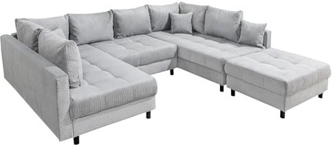 Riess Ambiente Moderne XXL Wohnlandschaft Kent - 305cm - hellgrau Cord - Bigsofa inkl. Hocker mit Federkern Couch