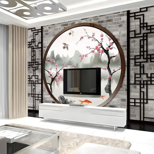 Murale Photo Papier Peint 200 x 140 cm Intissé Tableaux Poster Mural Tapisserie Poisson Rouge Fleur De Prunier En Verre Rond Papier Peint Panoramique Gris Salon Maison Décorative Tenture Appartement