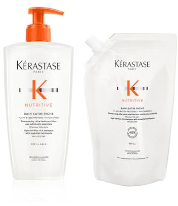 Kérastase Nutritive Bain Satin Riche Nachfüllset, Feuchtigkeitsspendendes Haarbad bei sehr trockenem Haar, Enthält: Nutritive Bain Satin Riche 500 ml im Pumpspender sowie 500-ml-Nachfüllpackung