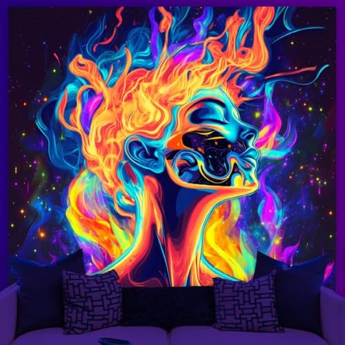 WEBEEDY Neon Frau Leuchten Im Dunkeln Wandteppich Feuer Leuchtendes Ästhetisches Wandteppich UV Reaktives Wandkunst Poster Hintergrund Für Schlafzimmer Wohnzimmer Party Bunte Dekoration 150x130cm
