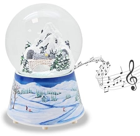 Schneekugel Weihnachten Spieluhr | Winterlandschaft Berge | Sockel Winterlandschaft Mittelblau | Musik Winter Wonderland | Schüttelkugel Weihnachtsdekoration | B: 10 cm H: 14 cm | 20290