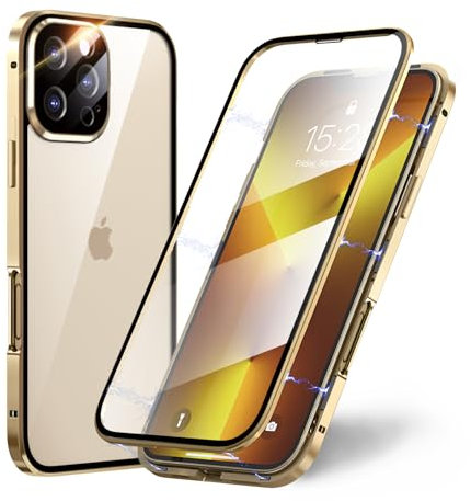 TOPF&B Case for iPhone 16 Pro Max Magnetic Cover,Transparent Tempered Glass Full Cover with Camera Protector,360 Degree Metal Bumper Case for iPhone 16 Pro Max,Clear Gold