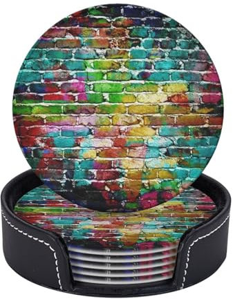 Untersetzer aus Leder, buntes Stein-Design, 6 Stück, runde Tassen, Matte zum Schutz der Tischplatte