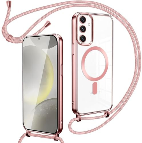 Oelrstfe Collier Magnétique Coque avec Cordon pour Samsung Galaxy S25 Plus, Transparent Réglable Étui Chain Chaine Housse de Souple Silicone Antichoc Etui pour Samsung Galaxy S25 Plus-Rose-Gold