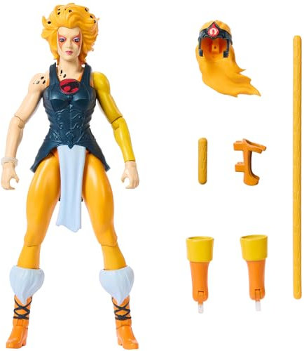 Masters of The Universe Origins & Thundercats Actionfigur Geparda, bewegliches 1980er Crossover-Spielzeug, ca. 14 cm groß, abnehmbare Rüstung, Stab und Mini-Comic, JFW94