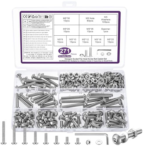 271 Pz Set di Viti M5, Bulloni e Dadi Set, Viti a Testa Cilindrica con Esagono Incassato, Kit di Assortimento di Bulloni a Testa Tonda Esagonale e Dadi e Rondelle (M4)