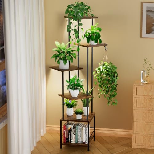 Homsorout Indoor Plant Stand with Grow Lights - 139CM Tall Plant Stands for Plants Multiple, 6 Tiered Plant Shelf, Corner Flower Stands for Patio Garden Balcony Living Room (Brown)