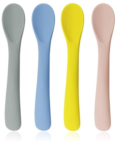 SGERUFZ 4 Pack Cuillère Bébé Apprentissage Silicone, Cuillère Bébé 6 Mois+, Löffel Éducatif pour Bébé, Spitze Douce pour Alimentation, Matériel BLW, Lavable au Lave-vaisselle, Sûr pour la Cuisson