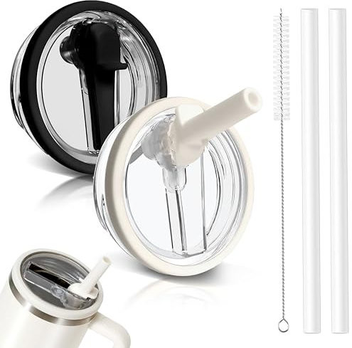 2pcs 30oz Cup Deckel Spill Proof Tumbler Flip Straw Lid Auslaufsicher Becher Flip Leak Proof Tumbler Lid Replacement Fit for Stanley Quencher 30oz (Beige+Schwarz)