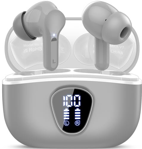 BESNOOW Auriculares Inalámbricos, 2024 Auriculares Bluetooth 5.3 con 4 HD Mic, 40H Cascos Inalámbricos Bluetooth, IP7 Impermeable, Gris