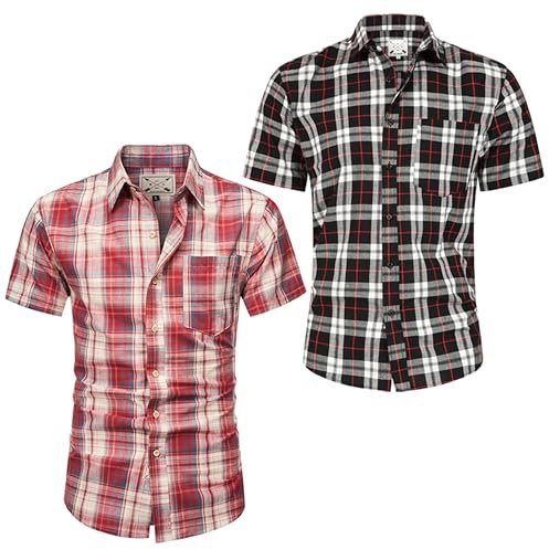 Blu Apparel Men's Checked Shirt Mens Shirts Short Sleeve and Long Sleeve Cotton Casual Shirt for Men (UK, Alpha, XL, Regular, Regular, 2 Pack Red & Black Short Sleeve)