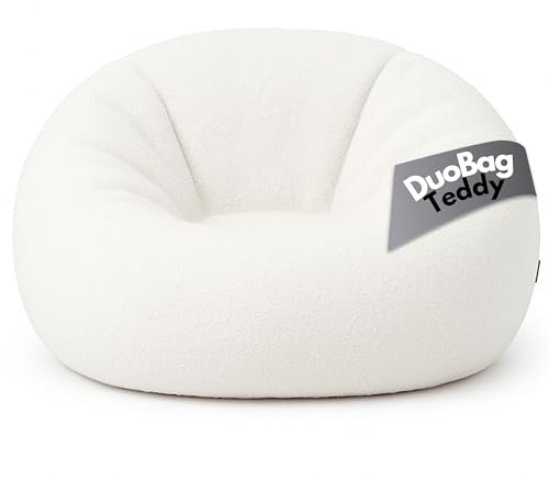 PATCH HOME Comfortline 2 in 1 Teddy Sitzsack Sessel Bean Bag – Gaming Sitzsäcke für Erwachsene & Kinder mit Reißverschluss – Bereits befüllt – Ideal zum Sitzen und Liegen (Weiß, Ø145 cm)