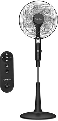 Taylor Swoden Ventilador de pie, DC Silencioso Ventilador con Mando, 3258.6m³/h, 28 Velocidades, 3 Modos, Anti-mosquitos,12H Time, 75° Oscilante, LED, Ajustable en altura(125-135cm), Negro