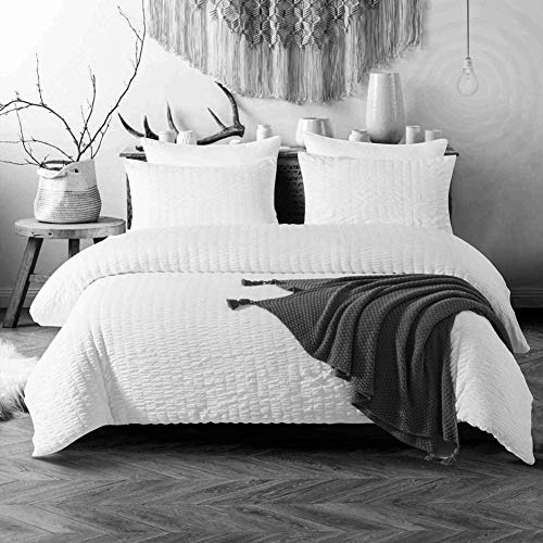 RAYYAN LINEN Seersucker Luxury Duvet Cover Bedding Set with Pillow Cases Ruffled Seersucker Texture (White, King)