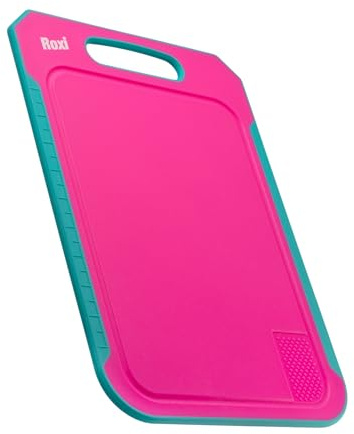 Roxi Non Slip Multipurpose Cutting Board with Ginger Grater & Measuring Guide. 36.5x25.5cm Knife Friendly & Single Sided Chopping Board. Hygienic Polypropylene & Dishwasher Safe. Fuchsia/Turquoise