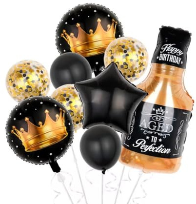 Whisky Bottle Shape Balloon, 18 Inch Star & Crown Foil Balloon, Confetti & Black Balloon Set for Unique Party Decoration With Ribbon Add Uniqueness to Birthday Anniversary Wedding Party