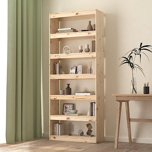 Ziaphsol Bücherregal Raumteiler 80x30x199,5 cm, Massivholz Kiefer Natur, mit 6 Fächern, vielseitige Aufbewahrung, für Wohnzimmer, Büro und Flur