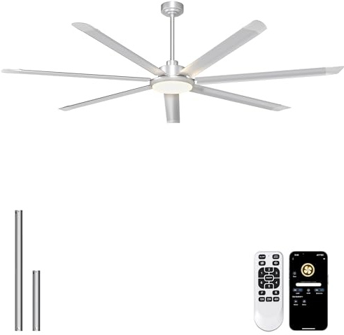 Ohniyou 213 cm Deckenventilator mit Beleuchtung – Großer industrieller Deckenventilatoren mit Fernbedienung/App-Steuerung, 7 Aluminiumflügel, leiser DC-Motor, für Wohnzimmer, Terrasse, Garage, Silber
