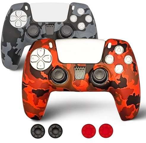 2 Play Pack 2 Fundas Mando PS5 - Camuflaje con Grips de Precisión - Carcasa Protectora Antideslizante de Silicona para mandos PS5 (Gris-Rojo)